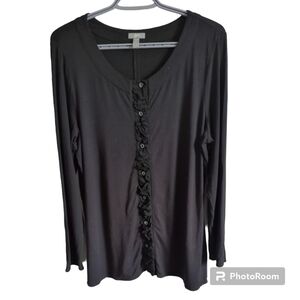 J. Jill Black Ruffle Front Button up Stretchy Cardigan Size L Petite